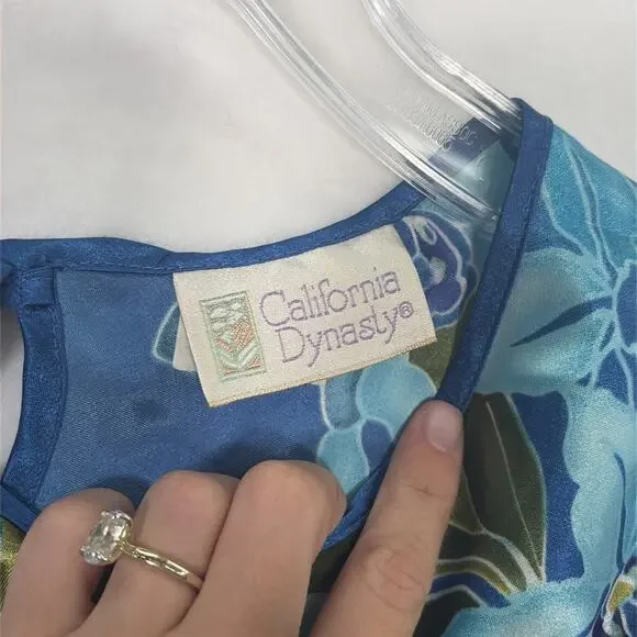 Vintage California Dynasty Blue Floral Satin Pajama Lounge Set Top Pants Medium - Picture 4 of 16
